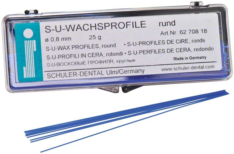 S-U-Wachsprofile rund Ø 0,8mm in blauer Farbe mit Verpackung.