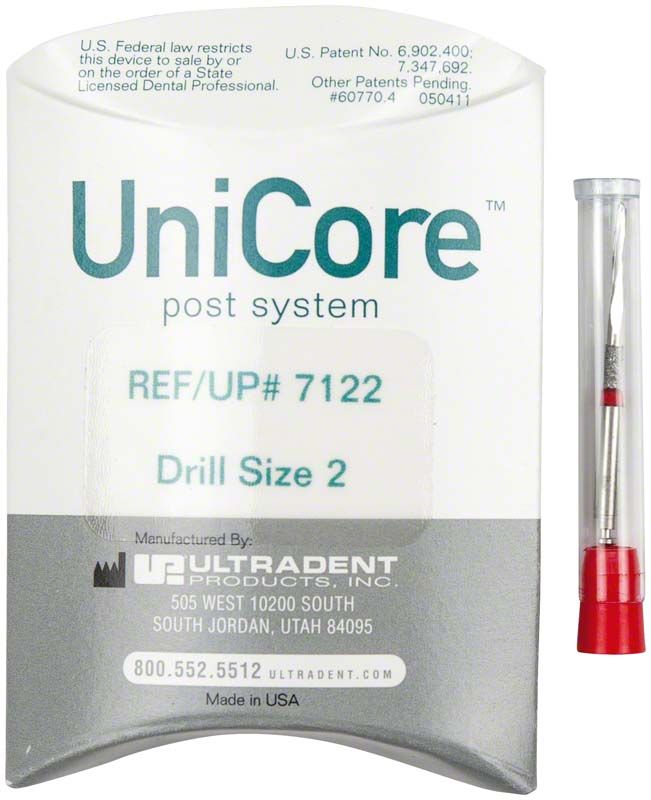 UniCore® Bohrer Gr. 2 rot mit Verpackung und Bohrerhülse.
