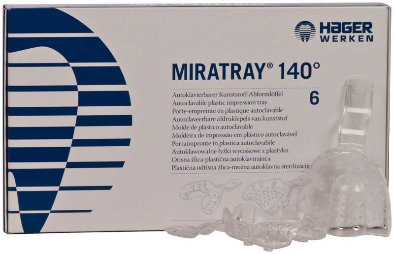 Miratray® 140° OK AS 2 mittel, transparente Kunststoff-Abformlöffel, auf Verpackung.