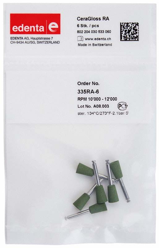 Grüne CeraGloss Kelchaufsätze in transparenter Verpackung mit Produktinformationen.
