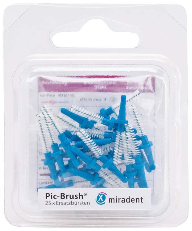 Pic-Brush® Ersatzbürsten-Packung mit blauen, V-förmigen Interdentalbürsten.