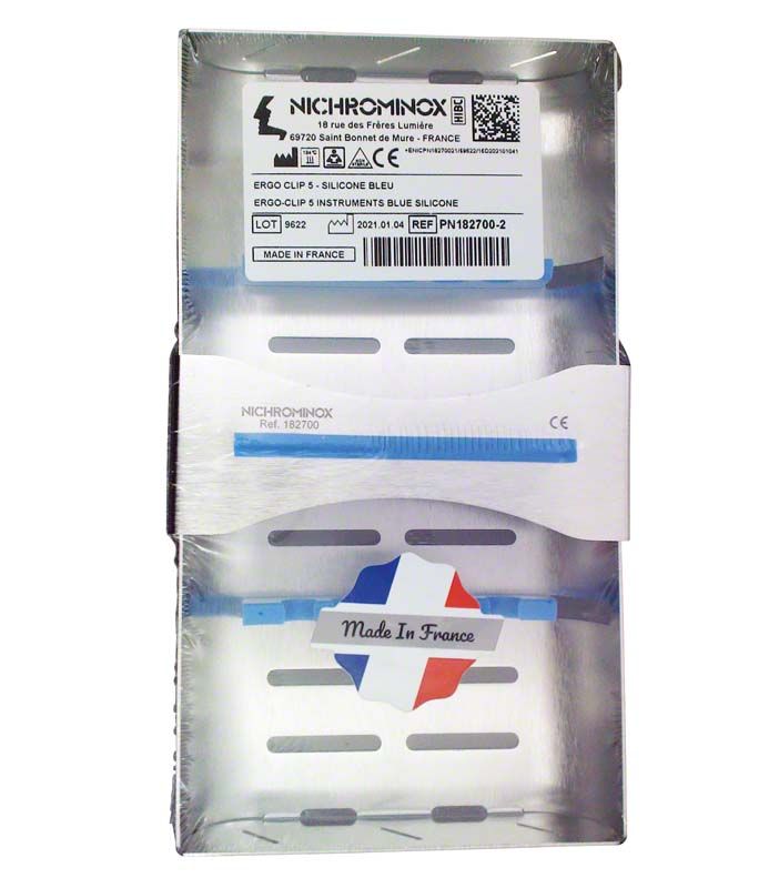 Instrumentenkassette ERGO-CLIP 5 aus blauem Silikon mit französischem Herkunftsaufdruck.