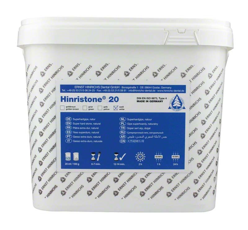 Hinristone® 20 weiß, 10 kg Eimer mit Produktinformationen und Logo.