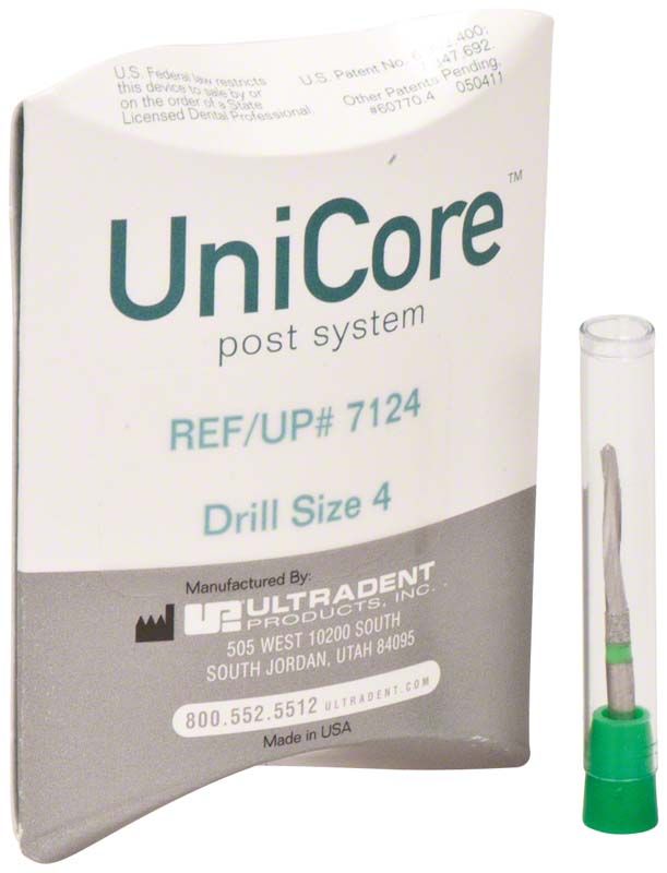 UniCore® Bohrer Gr. 4 mit grünem Griff neben Verpackung.