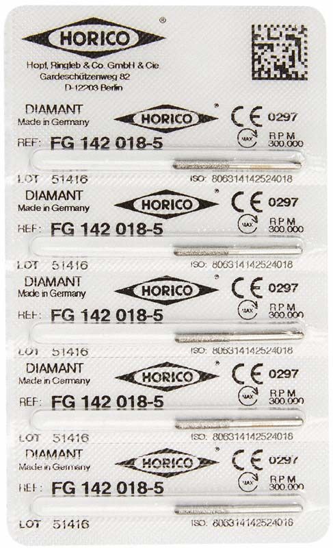 Zahnmedizinische Diamantbohrer FG 142 018 in Blisterverpackung.