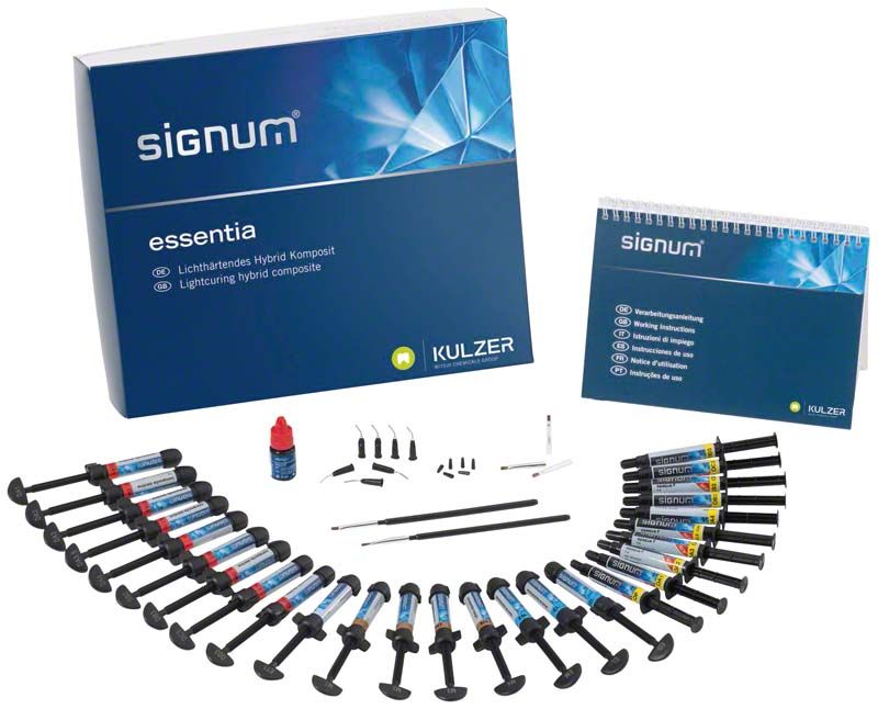 Signum® Essentia Set mit Spritzen, Farbtönen und Zubehör auf weißem Hintergrund.