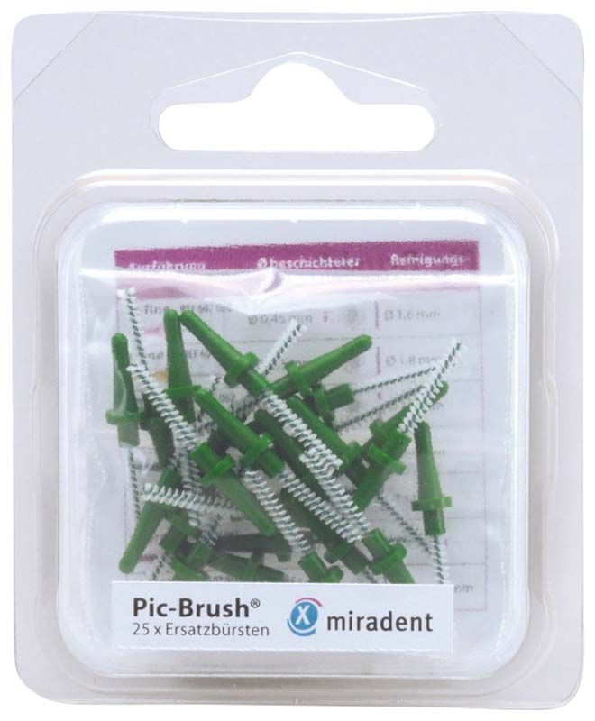 Pic-Brush® Ersatzbürsten 25er Packung grün medium in Kunststoffverpackung.