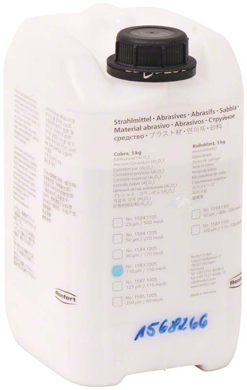 Hochwertiges Cobra Aluoxyd Strahlmittel in weißem Kanister mit schwarzem Deckel.