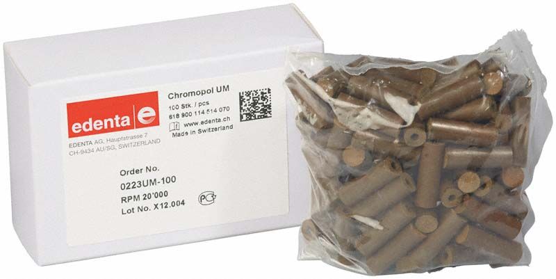 ChromoPol Polierer braun kleine Walze, feine Körnung neben Verpackung.