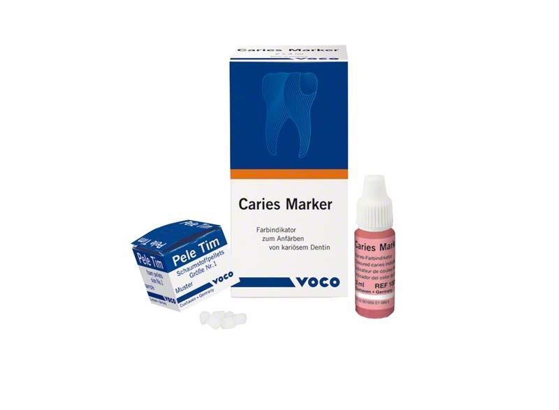 Voco Caries Marker Verpackung und Flasche mit Farbmarkierungslösung.