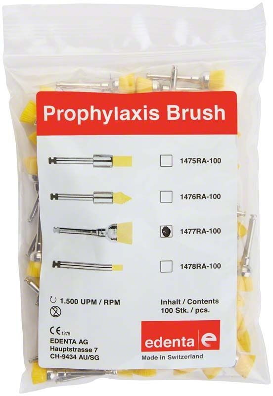 Prophylaxe Nylonbürsten gelb Kelch in transparenter Verpackung.