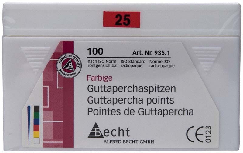 Farbige Guttaperchaspitzen Gr. 25 in Box mit Becht-Logo.