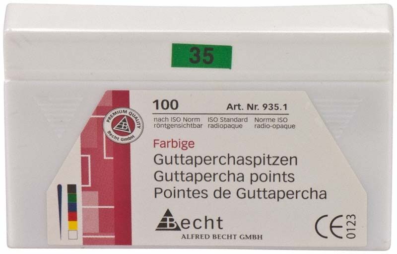 Farbige Guttaperchaspitzen Gr. 35 in weißer Verpackung mit ISO-Norm-Aufdruck.