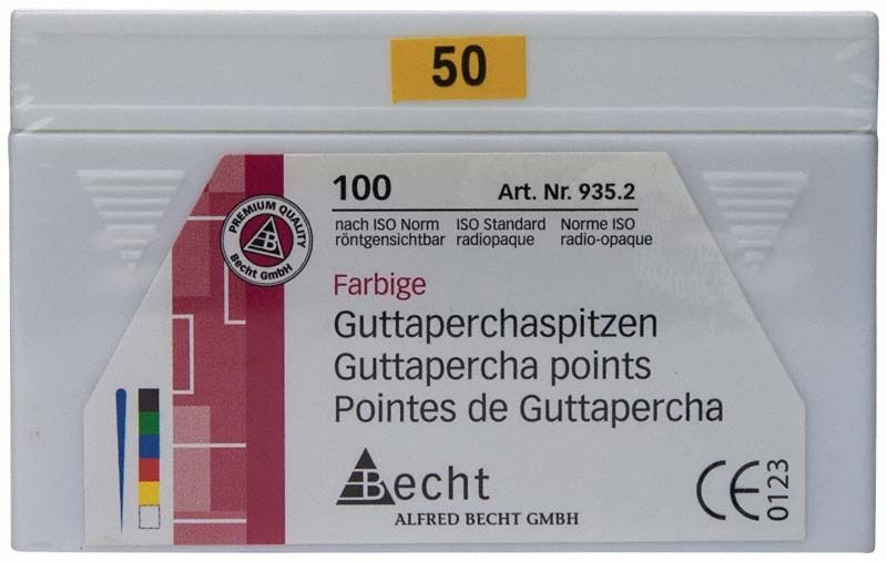 Verpackung mit farbigen Guttaperchaspitzen Größe 50, gelb markiert.