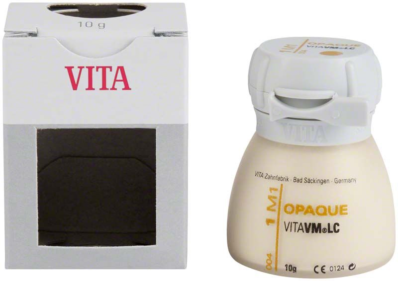 VITAVM LC Opaque 3D Dose 1M1 neben Verpackung mit rotem VITA-Logo.
