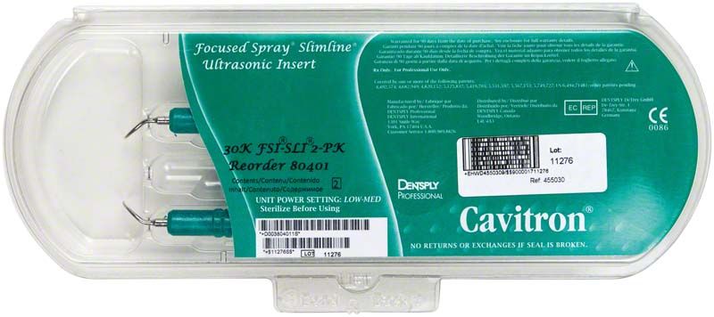 Cavitron® slimLINE 30K Ultraschallaufsätze in Kunststoffverpackung mit Produktinformationen.