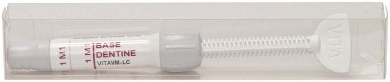 VITAVM®LC BASE DENTINE SYSTEM 3D-MASTER® 1M1 in transparenter Verpackung.