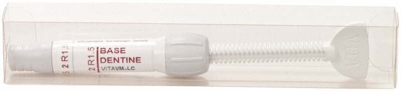 VITAVM®LC BASE DENTINE SYSTEM 3D-MASTER® 2R1.5 in transparenter Verpackung.