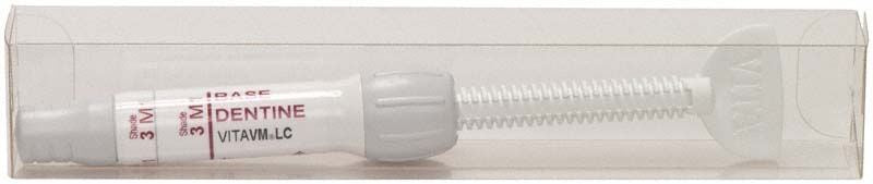 Weiße Kartusche des VITAVM®LC BASE DENTINE SYSTEM 3M1 in transparenter Verpackung.