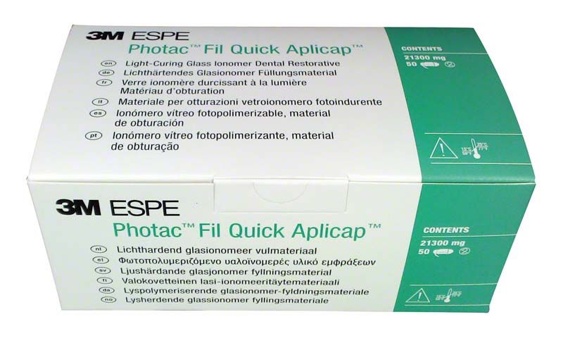 Verpackung der Photac™ Fil Quick Aplicap™ mit Produktinformationen.