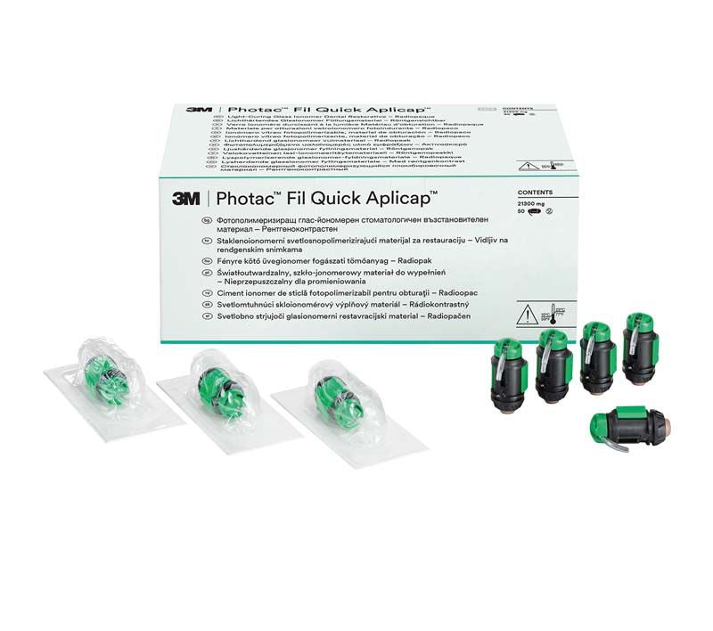 Photac™ Fil Quick Aplicap™ Verpackung mit grünen Einzelkapseln für Zahnrestaurationen.