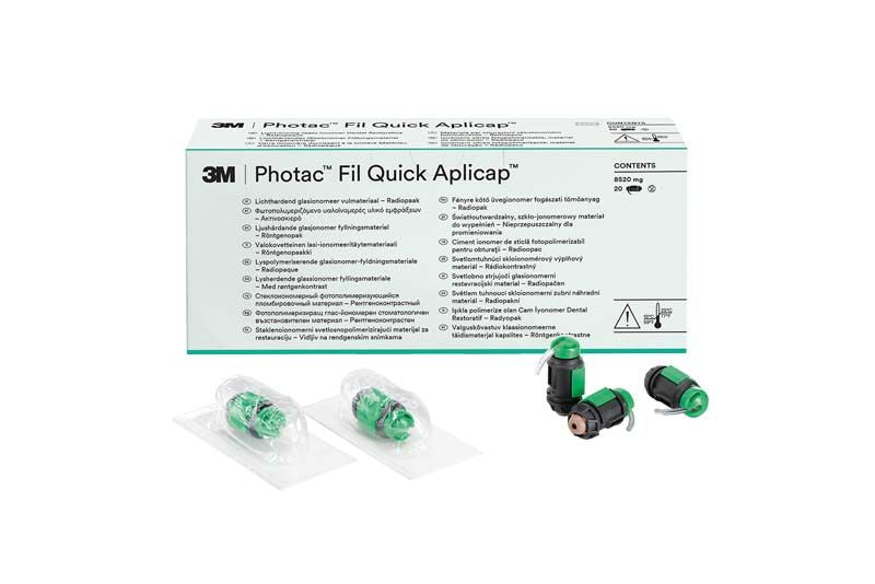 Photac™ Fil Quick Aplicap™ Verpackung mit grün-schwarzen Applikatoren.