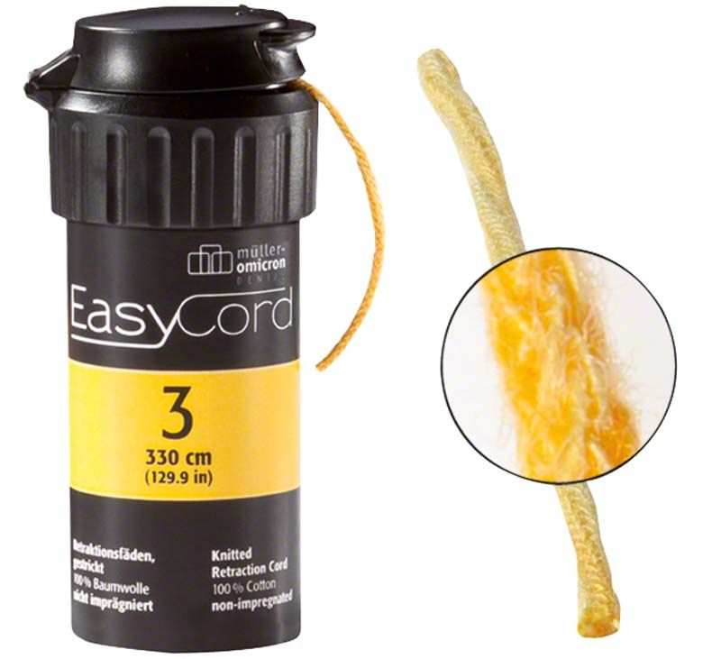 EasyCord Gr. 3 Retraktionsfaden in schwarzer Dose mit Detailansicht.