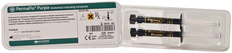 PermaFlo Spritzen Purple in geöffneter Verpackung mit Etikett und Produktinformationen.