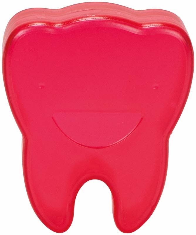 Rote Zahnbox in Form eines Zahns mit lächelndem Gesicht.