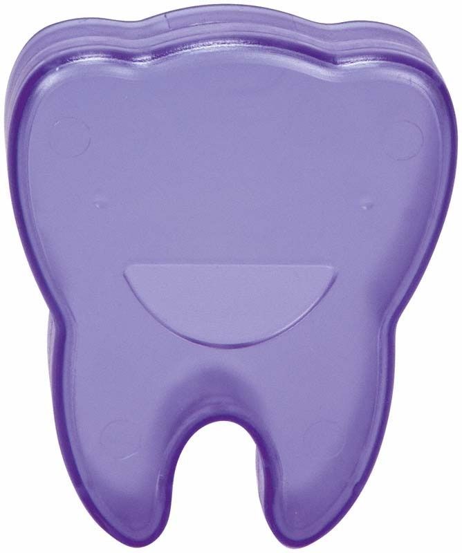 Blaue Zahnbox in Form eines Zahnes mit lächelndem Gesicht.