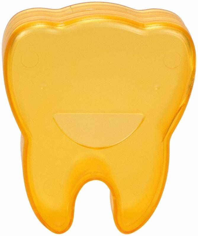 Orange Zahnbox in Form eines Zahnes mit lächelndem Gesicht.