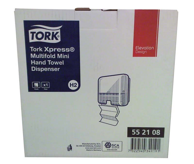 Verpackung des Tork Elevation Handtuchspenders Interfold Mini H2 in schwarz.