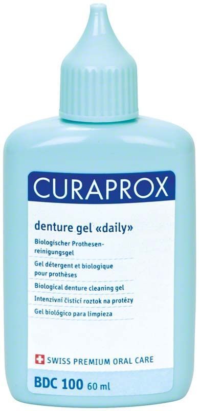 CURAPROX BDC Reinigungsgel für Prothesenpflege in blauer Flasche, 60 ml.