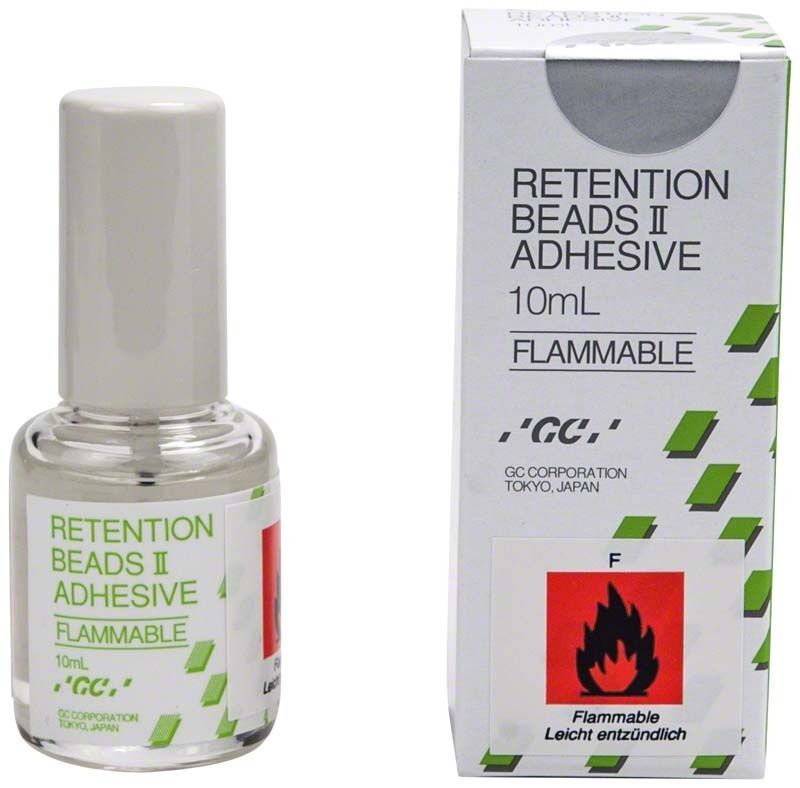 Retention Beads II Adhesive Flasche und Verpackung mit Warnhinweis.