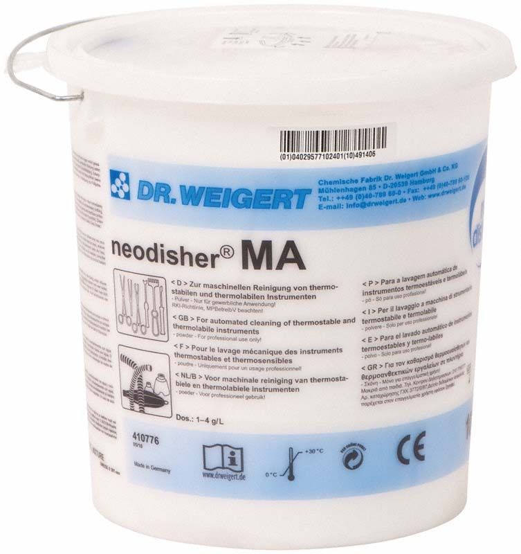 Eimer mit neodisher® MA alkalischem Reinigungspulver für medizinische Instrumente.