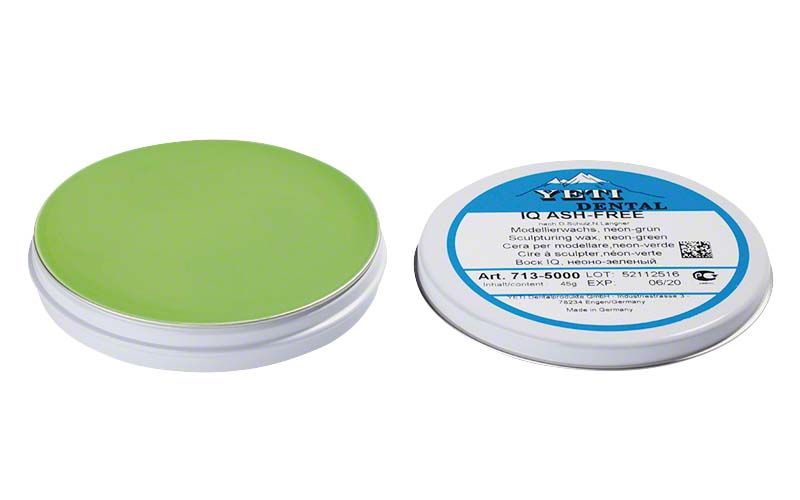 IQ Modellierwachs neongrün in runder Metallverpackung mit Deckel.
