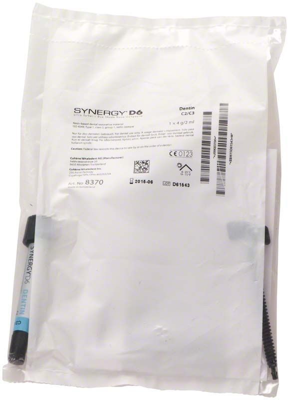 Synergy D6 Spritze Dentin C2/C3 in Originalverpackung mit Etikett.