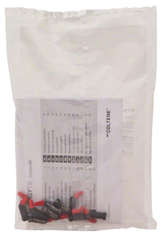 Synergy D6 Kapseln Dentin A1/B1 in transparenter Verpackung mit Beipackzettel.