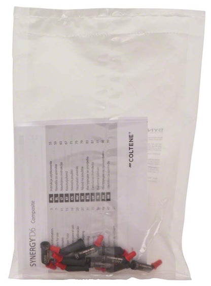Synergy D6 Kapseln Dentin A3/D3 in transparenter Verpackung mit Farbschlüssel.