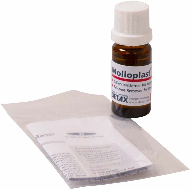 Molloplast® Remover Fläschchen mit Beipackzettel in transparenter Verpackung.