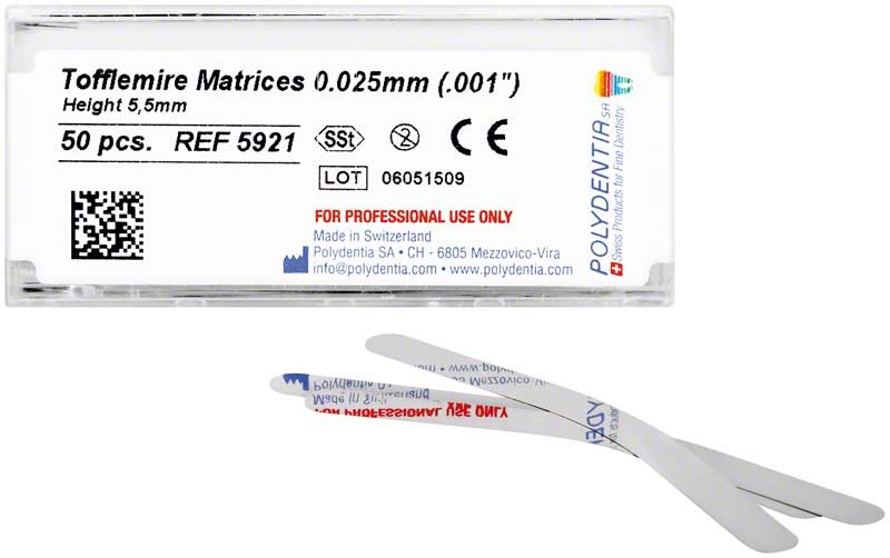 Tofflemire Matrizen aus rostfreiem Stahl, 5,5mm, 50 Stück in Kunststoffverpackung.