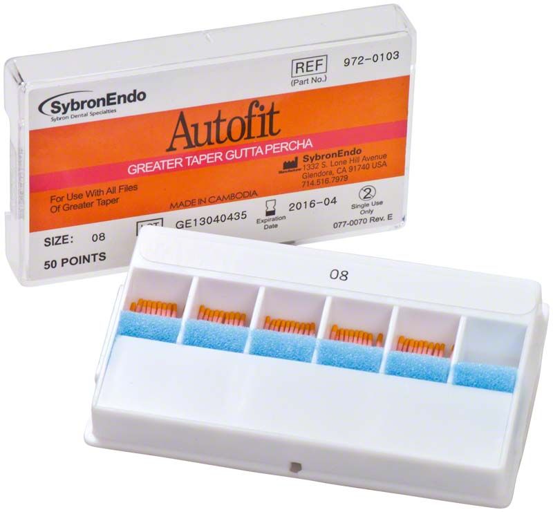 Autofit Guttaperchaspitzen .08 in geöffneter Verpackung mit 50 Spitzen.
