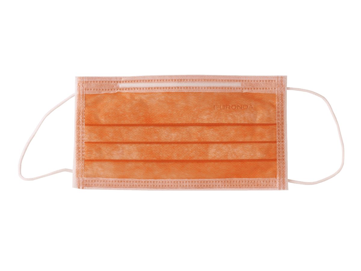 3-lagiger orangefarbener Mundschutz mit Gummizug und Nasenbügel.