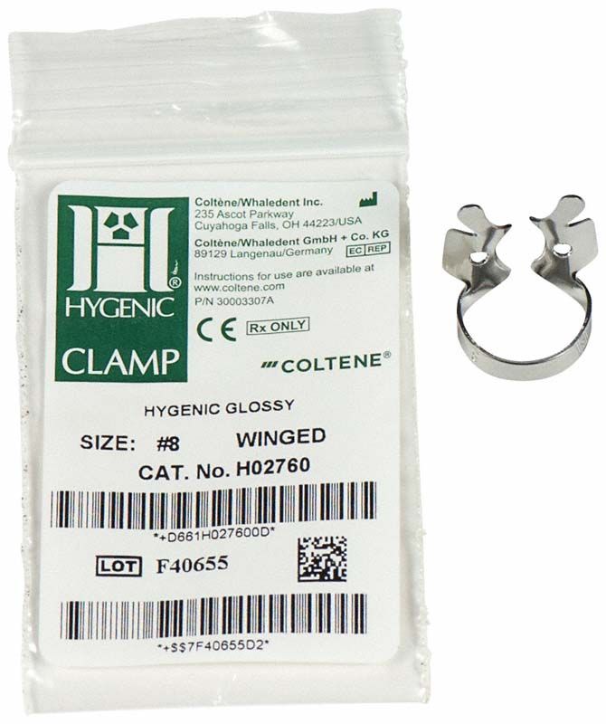 HYGENIC® Flügelklammer Nr.8 für Molaren im OK mit Verpackungsetikett.