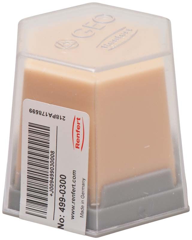 Modellierwachs GEO Classic Natural dentin-opak in transparenter sechseckiger Verpackung mit Etikett.