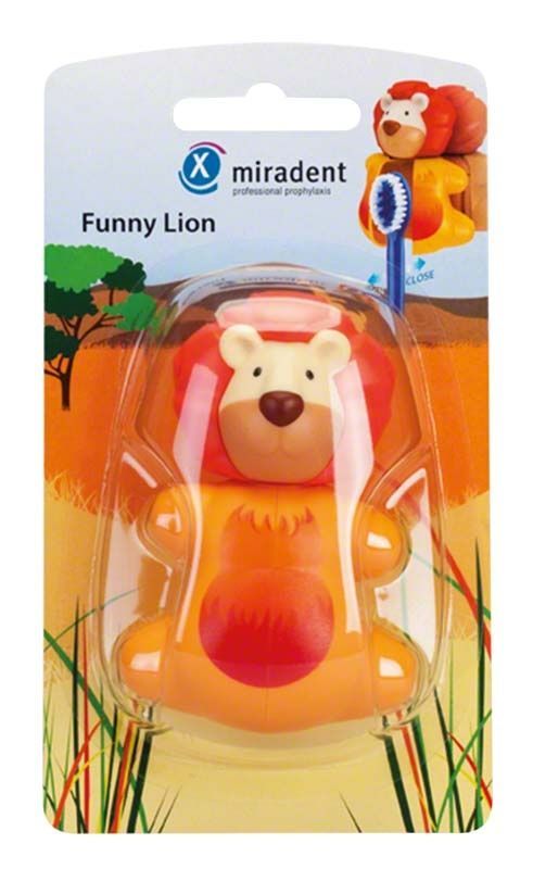 Löwenförmiger Zahnbürstenhalter mit Saugnäpfen auf Blisterverpackung.