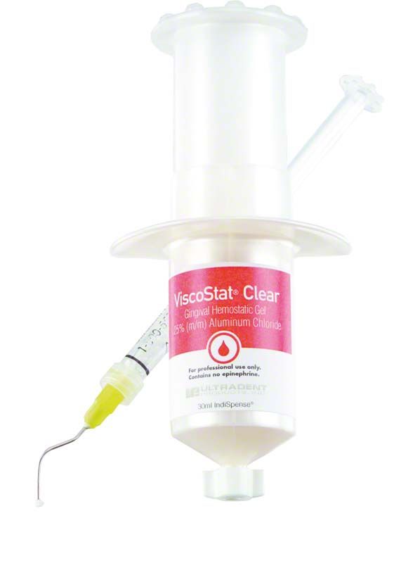 ViscoStat Clear Kit mit Applikationsspritze und Aluminiumchlorid-Gel für Zahnärzte.