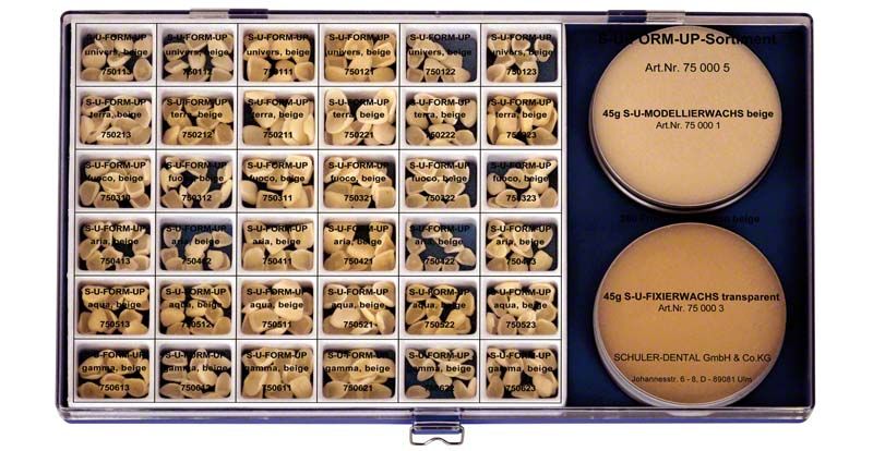 S-U-Form-Up Sortiment mit Modellierwachs und Fixierwachs in transparenter Box.