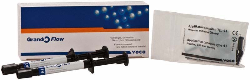 Grandio® Flow Spritzen A1 mit Verpackung und Applikationskanülen.
