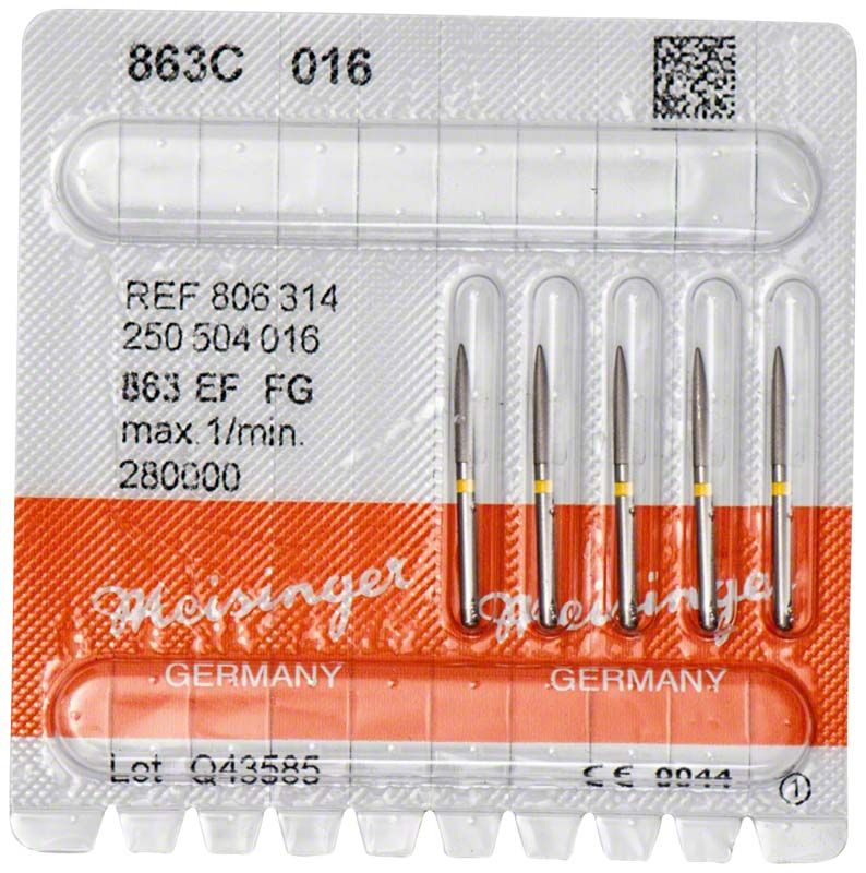 Sechs gelbe Diamantbohrer FG 863C 016 in Blisterverpackung.